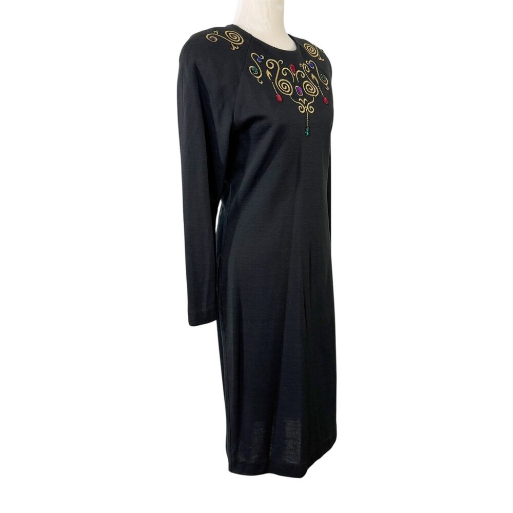 Andrea Gayle Petites Dress Black Sheath Beaded Gold Scroll Size 14 Vintage 1990s